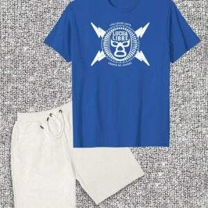 Men's Casual Cotton T-Shirt & Shorts Set – Summer Solid Color Crew Neck Tee with Logo & White Drawstring Shorts, Breathable Cotton, Ideal for Casual Wear