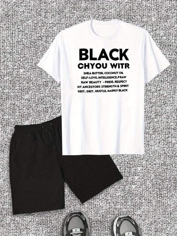 Men’s Casual Cotton T-Shirt & Shorts Set – Bold Black with White Text, Crew Neck, Short Sleeve, Summer Casual, Comfortable Cotton Fabric - Image 2