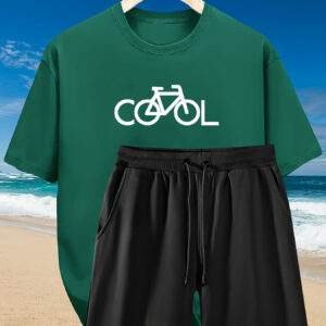 2pcs Men’s Summer Casual Set: Relaxed Cotton T-Shirt & Drawstring Bike-Print Shorts — Sporty, Comfortable, Beach-Ready for Daily & Weekend Wear