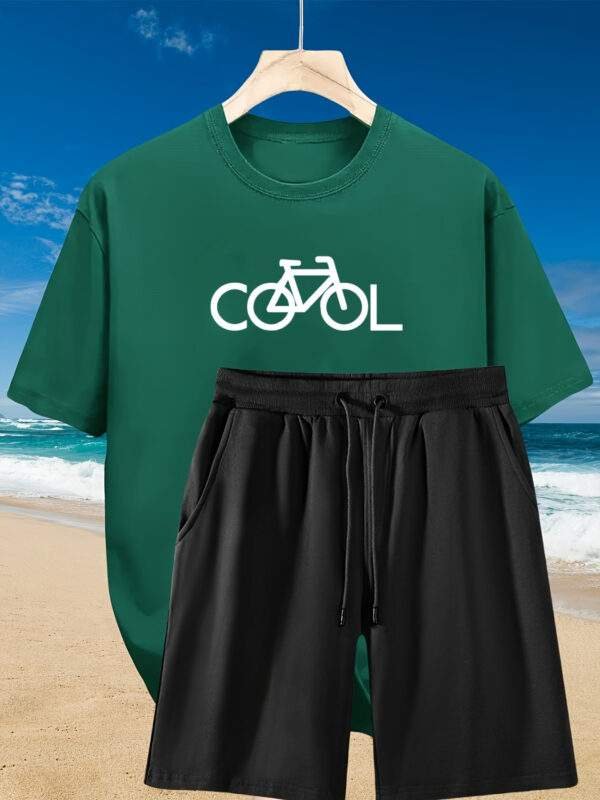2pcs Men’s Summer Casual Set: Relaxed Cotton T-Shirt & Drawstring Bike-Print Shorts — Sporty, Comfortable, Beach-Ready for Daily & Weekend Wear