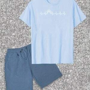 Men's Casual Summer Set – Light Blue Heartbeat Line T-Shirt & Dark Blue Shorts, Soft Cotton, Round Neck, Minimalist Design, Ideal for Everyday Wear