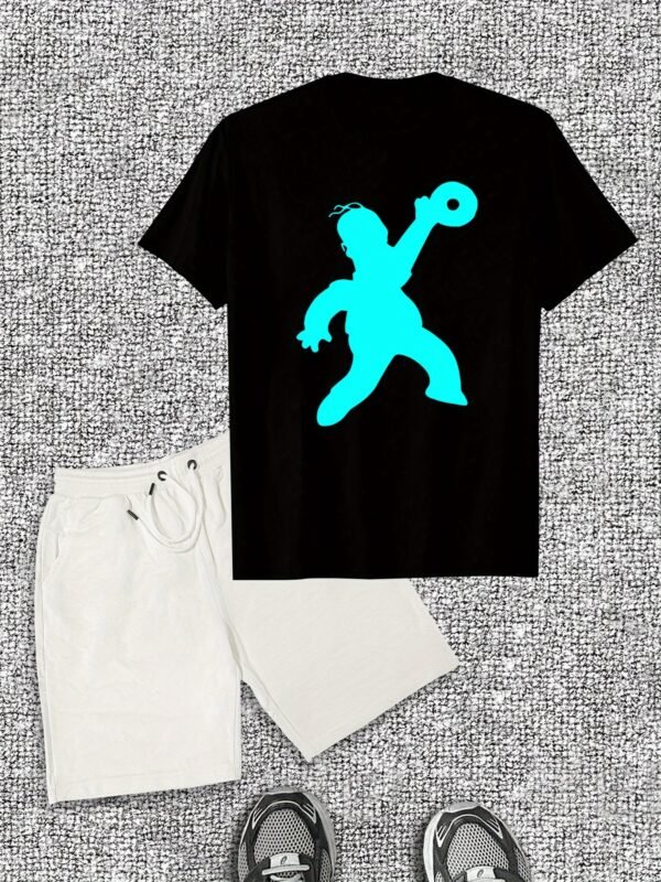 Men’s Casual Summer T-Shirt & Shorts Set – Cotton Crew Neck, Solid Color with Cartoon Print, Slight Stretch, Regular Fit, Perfect for Casual Wear - Image 2