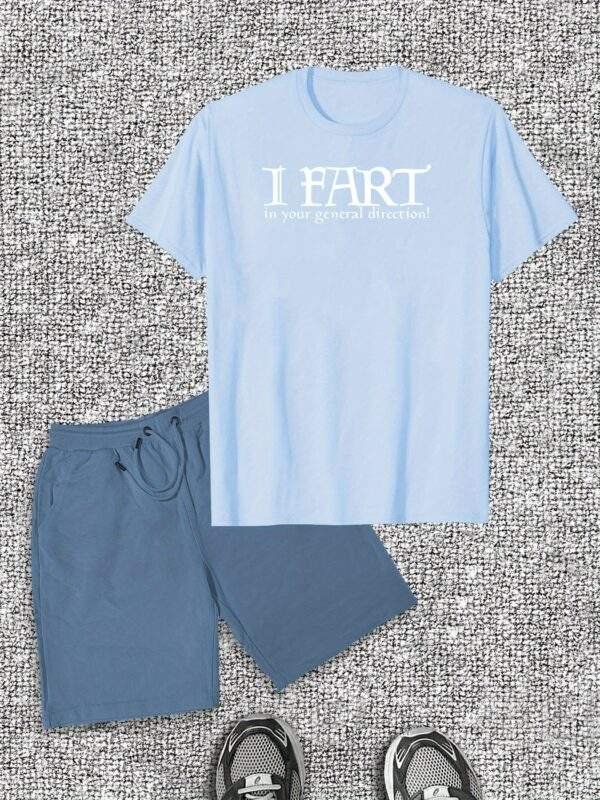 Men’s Plus Size “I FART in your general direction!” Graphic Tee & Shorts Set – Casual Cotton, Round Neck, Light Gray, Humorous Summer Wear - Image 4