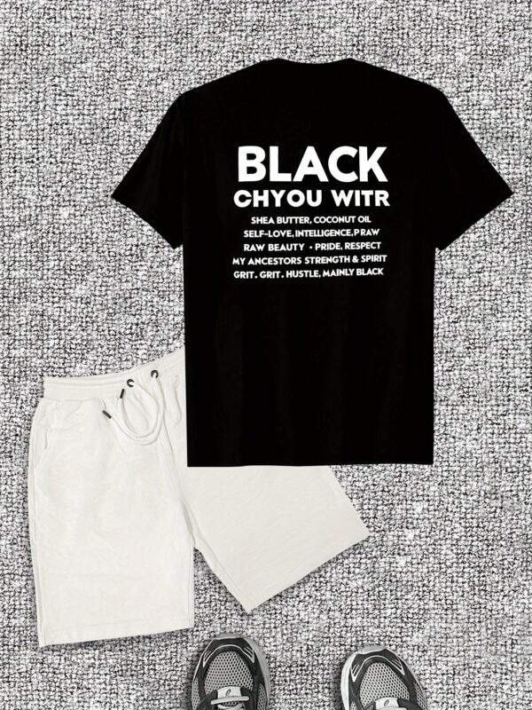 Men’s Casual Cotton T-Shirt & Shorts Set – Bold Black with White Text, Crew Neck, Short Sleeve, Summer Casual, Comfortable Cotton Fabric - Image 5