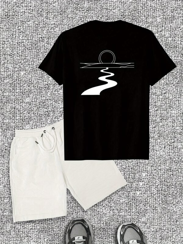 Men’s Casual River Pattern T-Shirt & Shorts Set – Cotton Crew Neck, Slight Stretch, Solid Color, Summer Comfort, Minimalist Design - Image 3