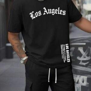 Men's Casual Two-Piece Set – Pure Cotton Short-Sleeve T-Shirt & Work Pants with Pockets