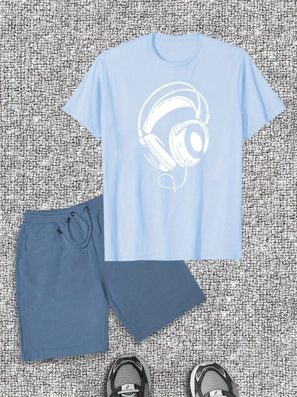 Men's Casual Set: Headphones Pattern Short Sleeve T-Shirt & Shorts - Image 6