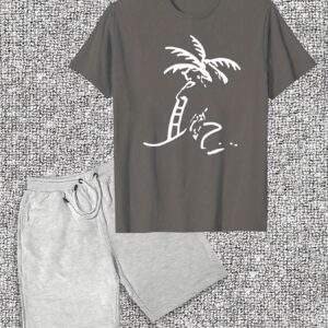 Men's Casual T-Shirt & Shorts Set – Light Gray Cotton with Palm Tree & "Beach" Print, Short Sleeve Tee & Drawstring Shorts, Stretchy & Ideal for Summer Beachwear