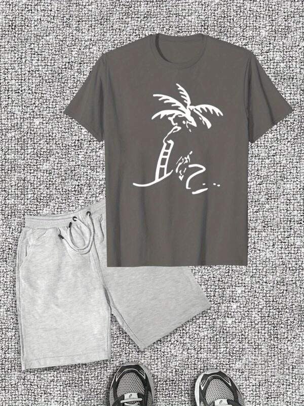 Men's Casual T-Shirt & Shorts Set – Light Gray Cotton with Palm Tree & "Beach" Print, Short Sleeve Tee & Drawstring Shorts, Stretchy & Ideal for Summer Beachwear