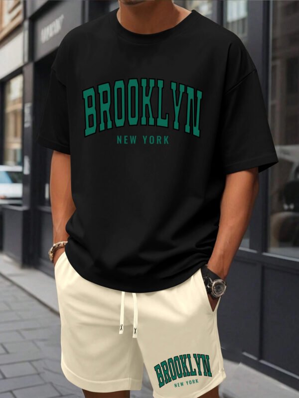 Men’s Brooklyn New York Print Cotton T-Shirt & Shorts Set – Casual Crew Neck, Short Sleeve, Loose Fit, White with Green Lettering, Summer Beachwear with Pockets - Image 4