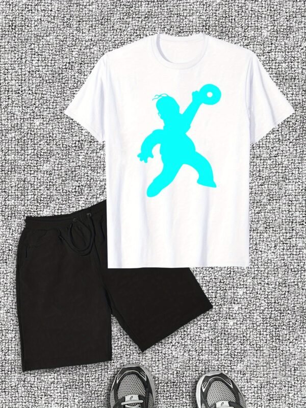 Men’s Casual Summer T-Shirt & Shorts Set – Cotton Crew Neck, Solid Color with Cartoon Print, Slight Stretch, Regular Fit, Perfect for Casual Wear - Image 6
