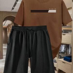 Unisex Two-Piece Casual Sports Set – Loose Fit Digital Print T-Shirt & Drawstring Shorts, Round Neck, Lightweight & Breathable, Ideal for Summer Beach Activities