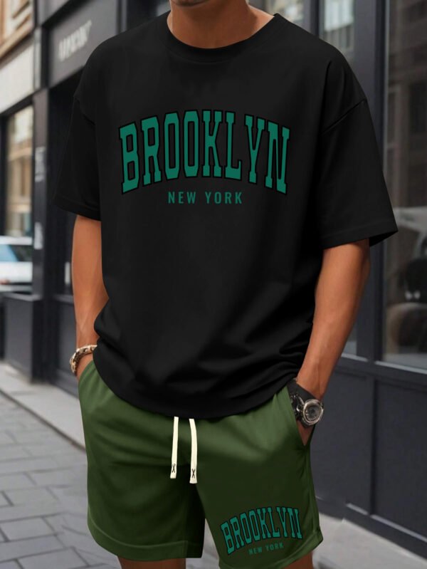 Men’s Brooklyn New York Print Cotton T-Shirt & Shorts Set – Casual Crew Neck, Short Sleeve, Loose Fit, White with Green Lettering, Summer Beachwear with Pockets - Image 7