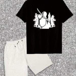 Men's Casual Cotton T-Shirt & Shorts Set – Chess Piece Design, Crew Neck, Slight Stretch Fabric, Modern Summer Casualwear