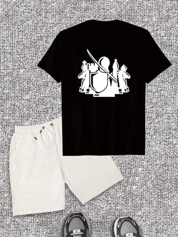 Men's Casual Cotton T-Shirt & Shorts Set – Chess Piece Design, Crew Neck, Slight Stretch Fabric, Modern Summer Casualwear