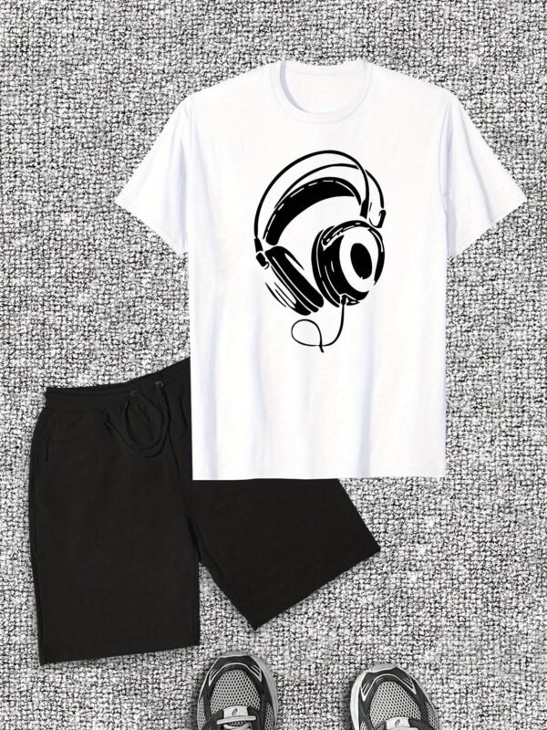 Men's Casual Set: Headphones Pattern Short Sleeve T-Shirt & Shorts - Image 4