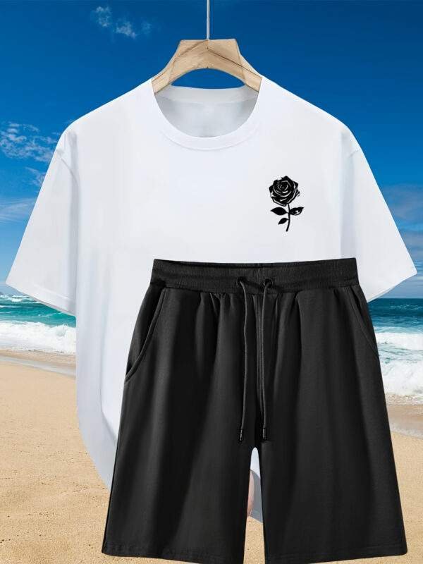 2pcs Men'S Summer Casual Outfit: Relaxed Fit Cotton T-Shirt & Drawstring Shorts Set - Floral Graphic Printed - Sporty, Comfortable, Beach-Ready, Summer Shorts, for Daily & Weekend Casual Wea - Image 6
