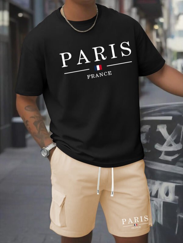 Men’s Printed 2pcs Set – Round Neck Cotton T-Shirt & Work Shorts, Short Sleeve, Spring/Summer - Image 4