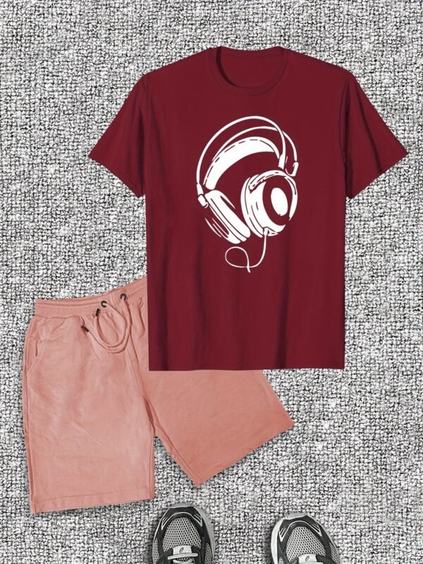 Men's Casual Set: Headphones Pattern Short Sleeve T-Shirt & Shorts - Image 2