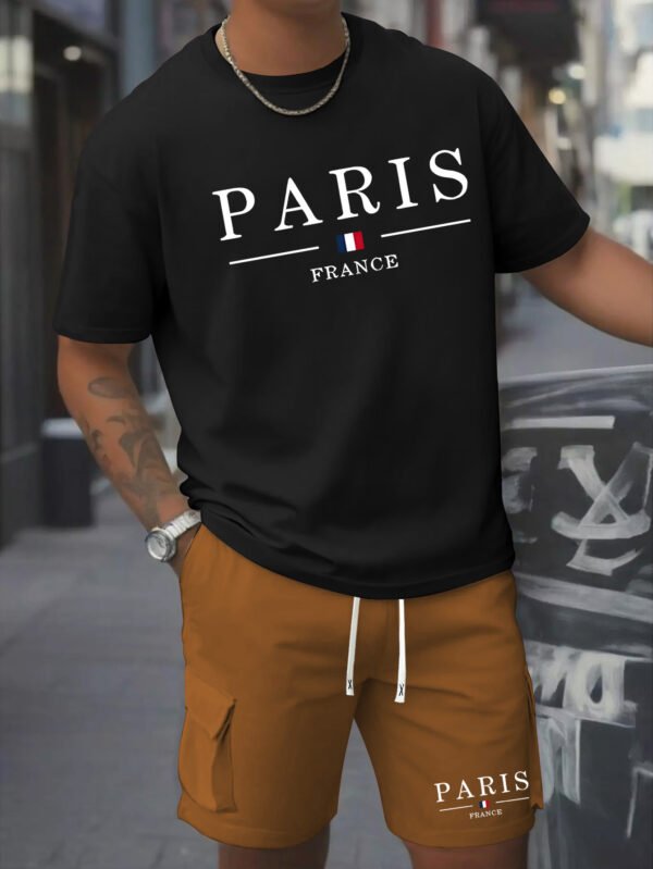 Men’s Printed 2pcs Set – Round Neck Cotton T-Shirt & Work Shorts, Short Sleeve, Spring/Summer - Image 3
