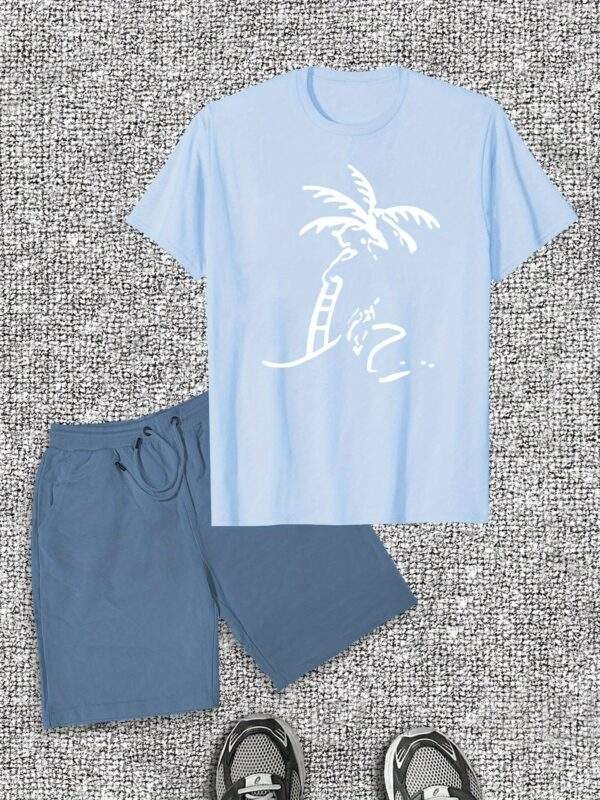 Men's Casual T-Shirt & Shorts Set – Light Gray Cotton with Palm Tree & "Beach" Print, Short Sleeve Tee & Drawstring Shorts, Stretchy & Ideal for Summer Beachwear - Image 2