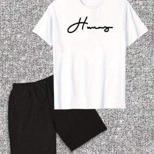 Men's Design Font English Pattern Short Sleeve T-Shirt Shorts Casual Set