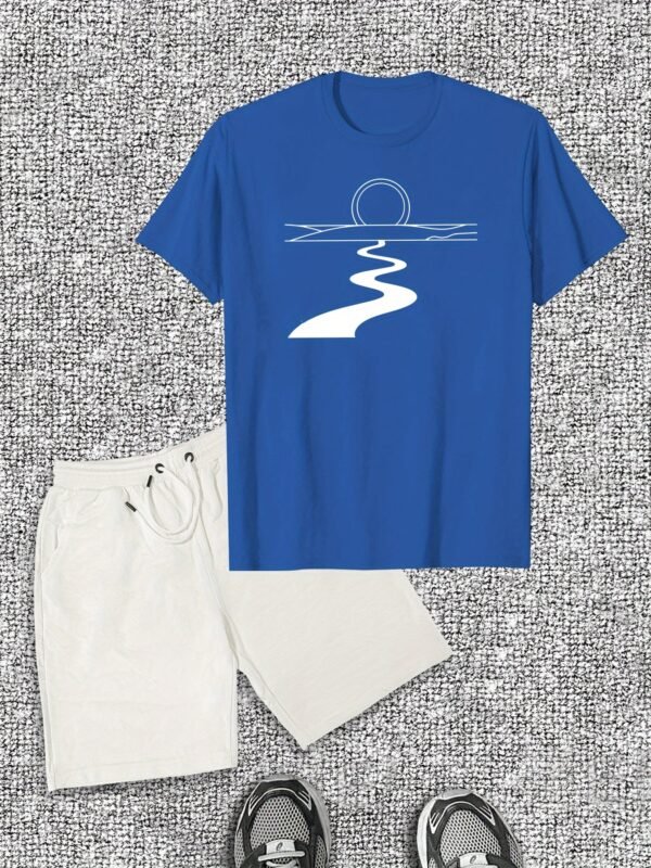 Men’s Casual River Pattern T-Shirt & Shorts Set – Cotton Crew Neck, Slight Stretch, Solid Color, Summer Comfort, Minimalist Design - Image 2