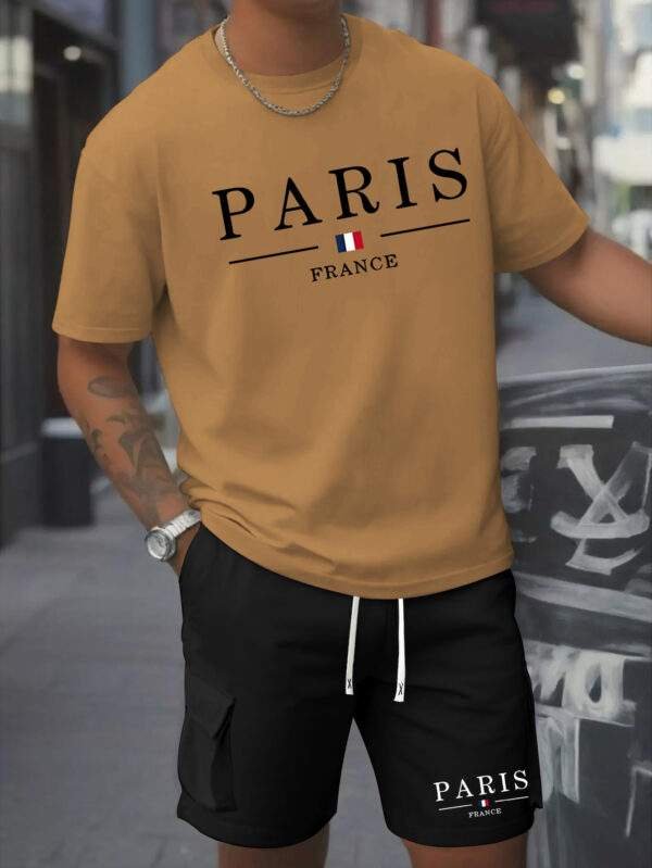 Men’s Printed 2pcs Set – Round Neck Cotton T-Shirt & Work Shorts, Short Sleeve, Spring/Summer