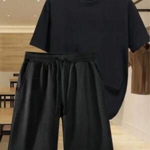2pcs Casual Sportswear Set – Black Drawstring Shorts & Loose Crew Neck T-Shirt, Short Sleeve, Unisex, Comfortable, High-Quality, Perfect for Summer Beachwear