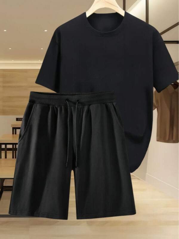 2pcs Casual Sportswear Set – Black Drawstring Shorts & Loose Crew Neck T-Shirt, Short Sleeve, Unisex, Comfortable, High-Quality, Perfect for Summer Beachwear