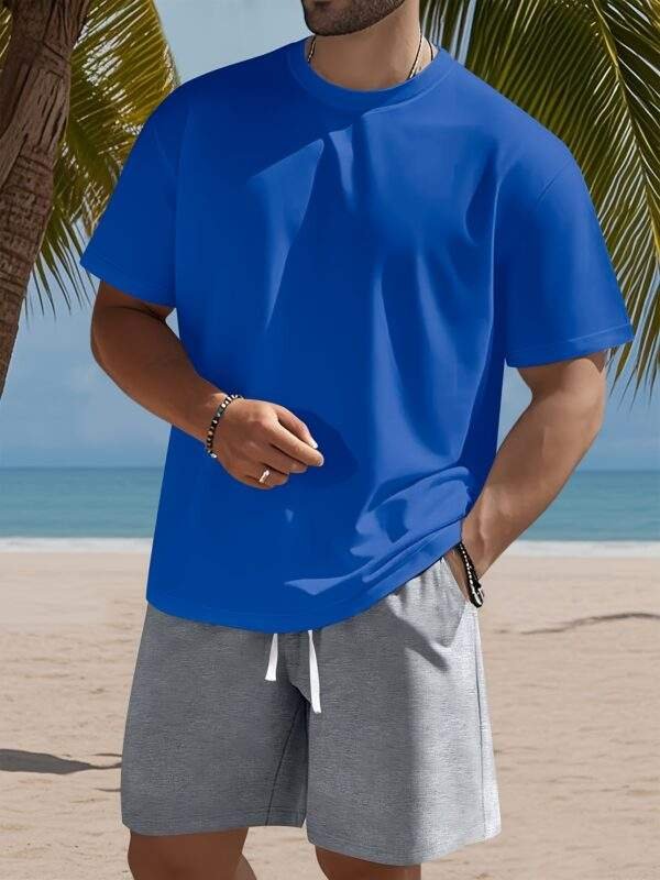 Men's Set – Solid Color Crew Neck Knit T-Shirt & Drawstring Cotton Shorts, Slight Stretch Fabric, Comfortable & Breathable, Ideal for Spring/Summer Outdoor Leisure and Sports, Lightweight and Easygoing - Image 4