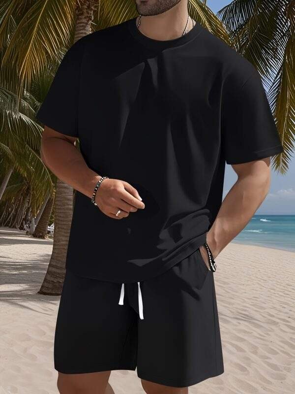Men's Set – Solid Color Crew Neck Knit T-Shirt & Drawstring Cotton Shorts, Slight Stretch Fabric, Comfortable & Breathable, Ideal for Spring/Summer Outdoor Leisure and Sports, Lightweight and Easygoing - Image 5