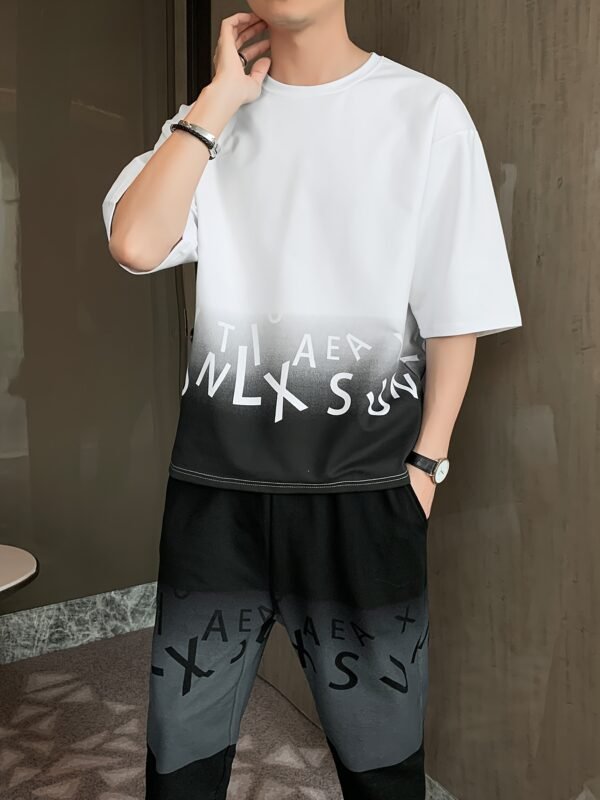 Men’s Summer Casual Cotton Blend Set – Gradient Short Sleeve T-Shirt & Stylish Drawstring Shorts, Machine Washable. - Image 8