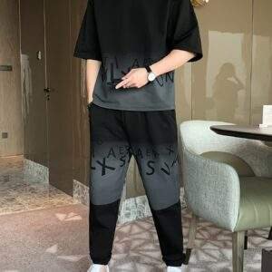 Men’s Summer Casual Cotton Blend Set – Gradient Short Sleeve T-Shirt & Stylish Drawstring Shorts, Machine Washable.