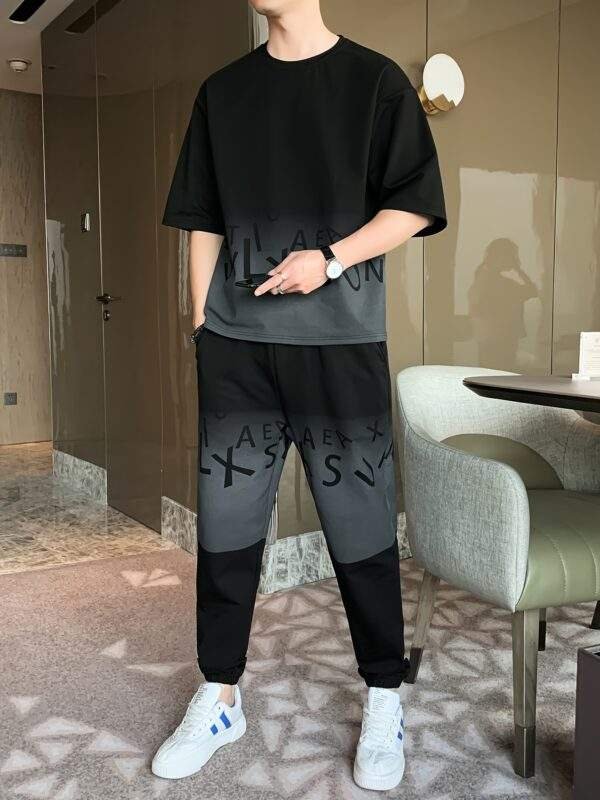 Men’s Summer Casual Cotton Blend Set – Gradient Short Sleeve T-Shirt & Stylish Drawstring Shorts, Machine Washable.