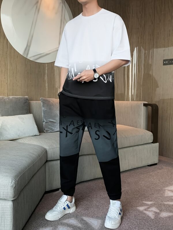 Men’s Summer Casual Cotton Blend Set – Gradient Short Sleeve T-Shirt & Stylish Drawstring Shorts, Machine Washable. - Image 2