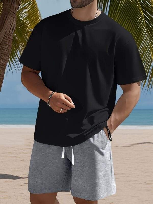 Men's Set – Solid Color Crew Neck Knit T-Shirt & Drawstring Cotton Shorts, Slight Stretch Fabric, Comfortable & Breathable, Ideal for Spring/Summer Outdoor Leisure and Sports, Lightweight and Easygoing - Image 8