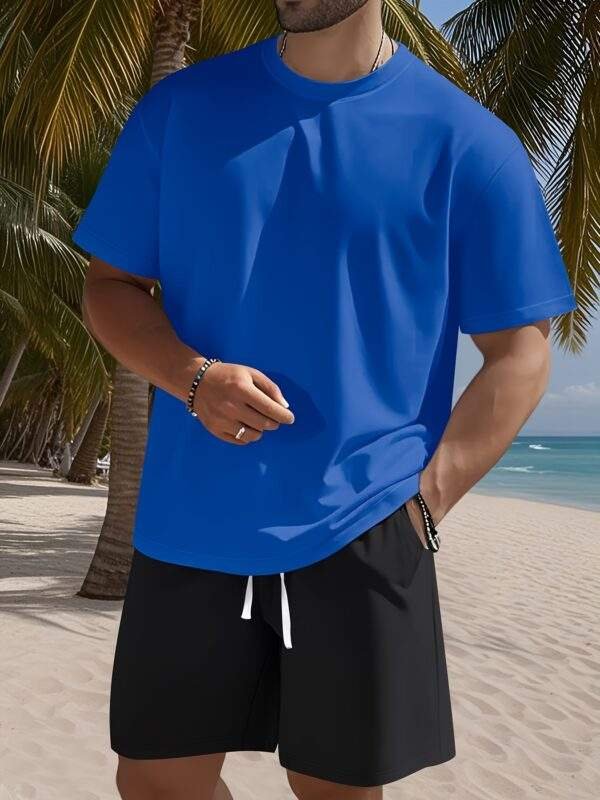 Men's Set – Solid Color Crew Neck Knit T-Shirt & Drawstring Cotton Shorts, Slight Stretch Fabric, Comfortable & Breathable, Ideal for Spring/Summer Outdoor Leisure and Sports, Lightweight and Easygoing - Image 3