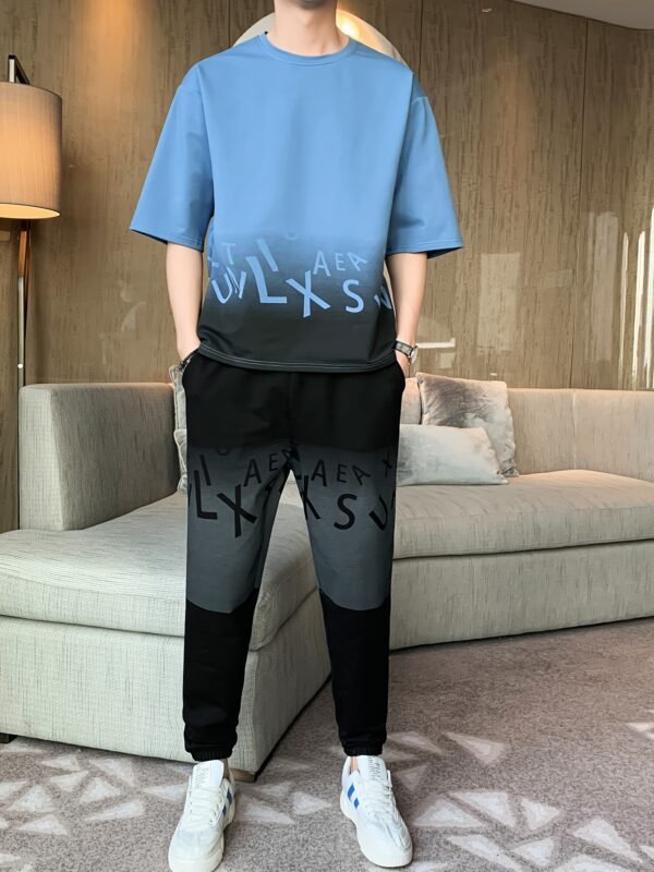 Men’s Summer Casual Cotton Blend Set – Gradient Short Sleeve T-Shirt & Stylish Drawstring Shorts, Machine Washable. - Image 3