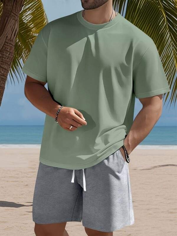 Men's Set – Solid Color Crew Neck Knit T-Shirt & Drawstring Cotton Shorts, Slight Stretch Fabric, Comfortable & Breathable, Ideal for Spring/Summer Outdoor Leisure and Sports, Lightweight and Easygoing - Image 6