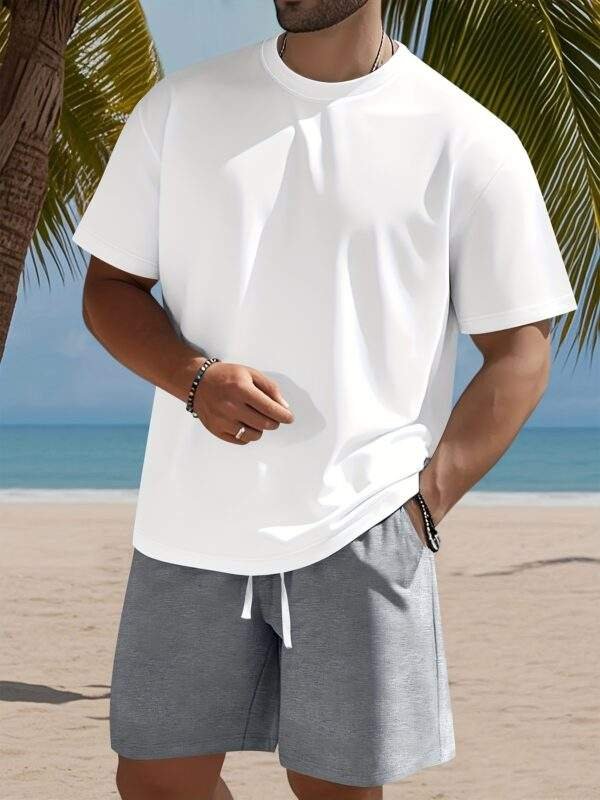 Men's Set – Solid Color Crew Neck Knit T-Shirt & Drawstring Cotton Shorts, Slight Stretch Fabric, Comfortable & Breathable, Ideal for Spring/Summer Outdoor Leisure and Sports, Lightweight and Easygoing - Image 7