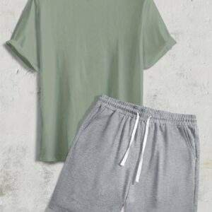 Men’s Casual Summer Set – Solid Crew Neck T-Shirt & Drawstring Shorts, Lightweight & Breathable.
