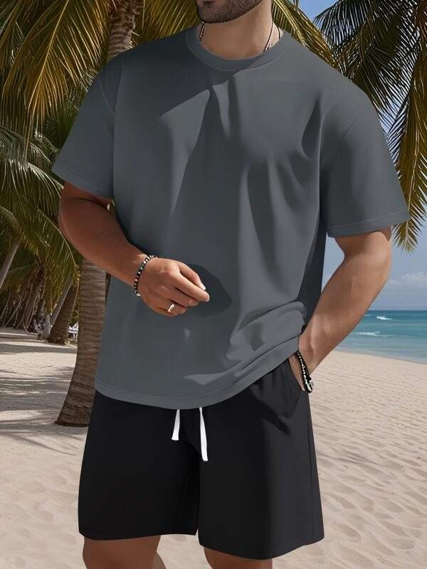 Men's Set – Solid Color Crew Neck Knit T-Shirt & Drawstring Cotton Shorts, Slight Stretch Fabric, Comfortable & Breathable, Ideal for Spring/Summer Outdoor Leisure and Sports, Lightweight and Easygoing - Image 2