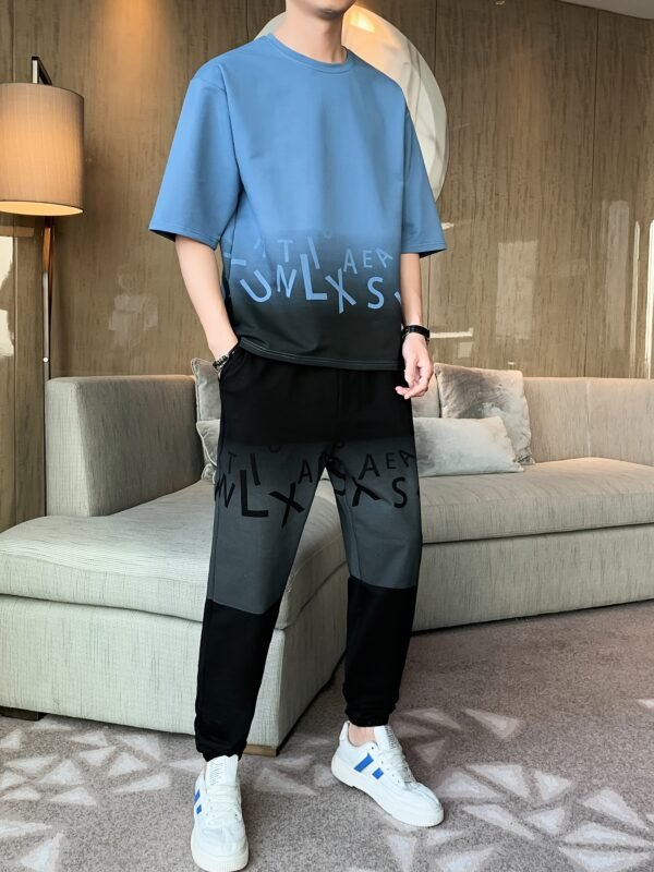 Men’s Summer Casual Cotton Blend Set – Gradient Short Sleeve T-Shirt & Stylish Drawstring Shorts, Machine Washable. - Image 9