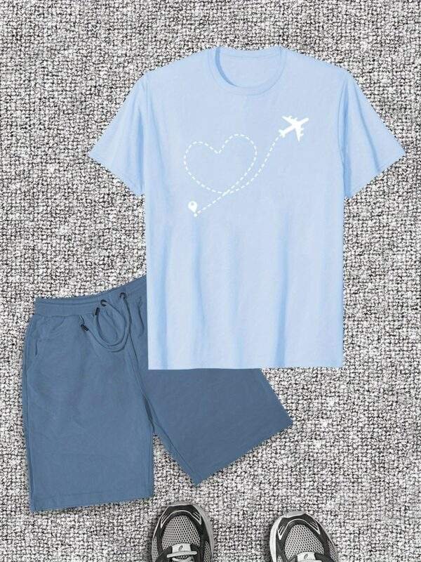 Men’s Casual Plane & Heart Graphic Tee & Shorts Set – Cotton, Round Neck, Lightweight, Breathable, Relaxed Fit, Perfect for Summer Casual Wear - Image 3