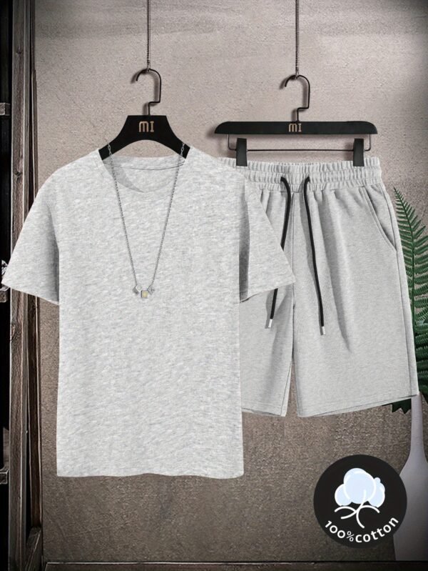 Men’s Casual Summer Cotton Tee & Shorts Set – Light Gray “MI” Logo Tee with Black Shorts, Comfortable & Perfect for Weekend Wear. - Image 8