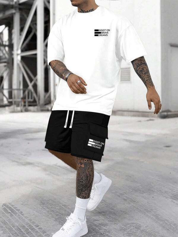 Men’s “INSIST ON BRAVE DREAMS” Printed Short Sleeve Top & Shorts Set – Comfortable, Breathable, Casual Summer Outfit for Daily Wear, Vacation, or Training.