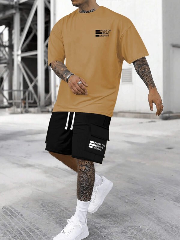 Men’s “INSIST ON BRAVE DREAMS” Printed Short Sleeve Top & Shorts Set – Comfortable, Breathable, Casual Summer Outfit for Daily Wear, Vacation, or Training. - Image 3