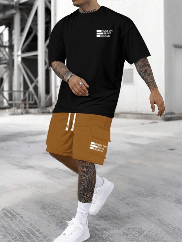 Men’s “INSIST ON BRAVE DREAMS” Printed Short Sleeve Top & Shorts Set – Comfortable, Breathable, Casual Summer Outfit for Daily Wear, Vacation, or Training. - Image 2