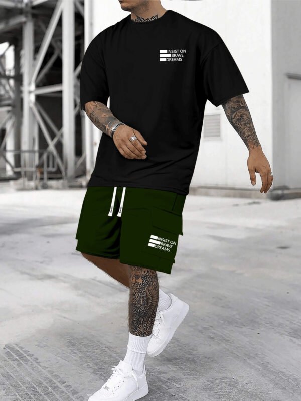 Men’s “INSIST ON BRAVE DREAMS” Printed Short Sleeve Top & Shorts Set – Comfortable, Breathable, Casual Summer Outfit for Daily Wear, Vacation, or Training. - Image 5